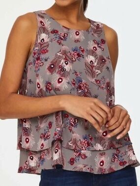 LOFT Sleeveless Floral Blouse Pink Red Multicolor Feather Motif XL